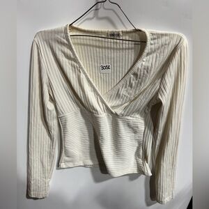 #3052-Cream Ribbed Wrap Top